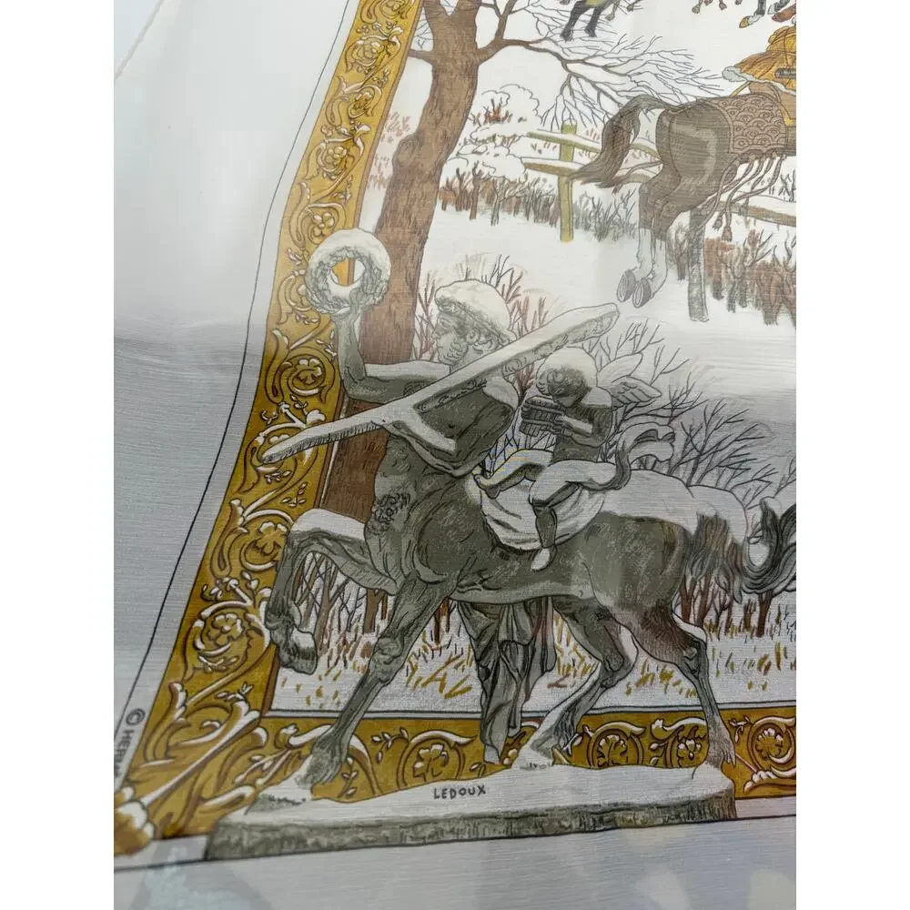 Hermes Extremely Rare 100% Silk Mirrored Image Hunt Scene Sheer Large Cape Shaw